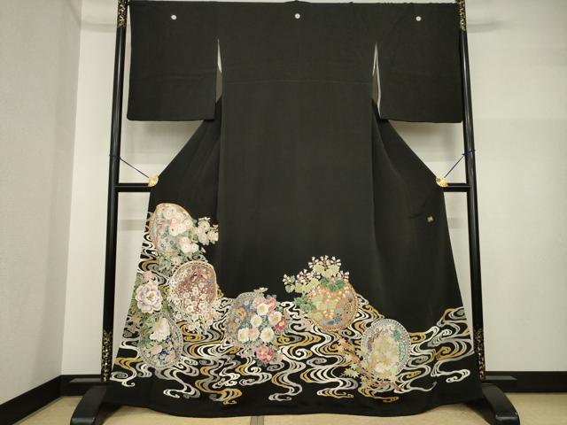 平和屋着物●豪華黒留袖　作家物　花鳥絵皿文　正絹　逸品　AABI4555ck