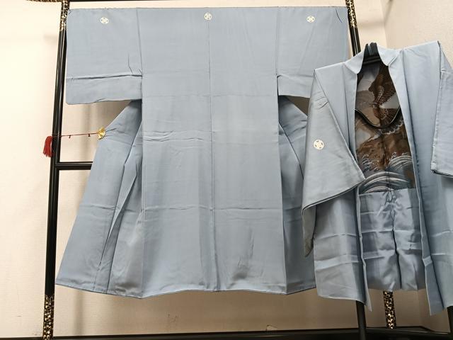平和屋着物●男性　色紋付・羽織セット　灰青色　正絹　逸品　AABI4801ph