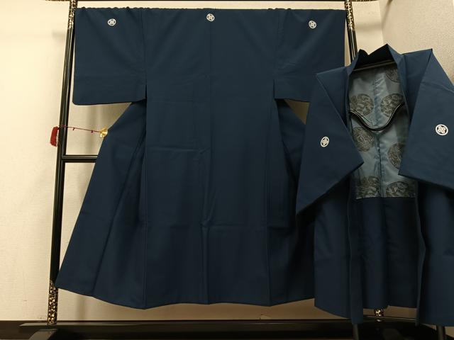 平和屋着物●男性　色紋付・羽織セット　鉄御納戸色　正絹　逸品　AABI4802ph 42,250円