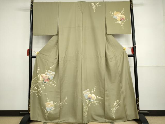 平和屋着物○訪問着 友禅 駒刺繍 色紙飛鶴草花文 金彩 正絹 逸品 未