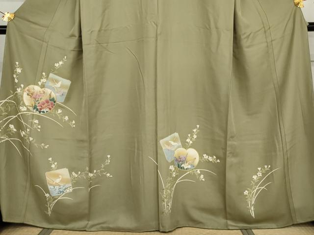 平和屋着物●訪問着　友禅　駒刺繍　色紙飛鶴草花文　金彩　正絹　逸品　未使用　AABI5264cs_2
