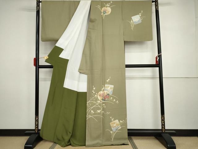 平和屋着物●訪問着　友禅　駒刺繍　色紙飛鶴草花文　金彩　正絹　逸品　未使用　AABI5264cs_1