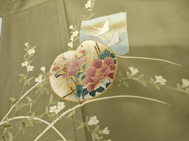 平和屋着物●訪問着　友禅　駒刺繍　色紙飛鶴草花文　金彩　正絹　逸品　未使用　AABI5264cs_3