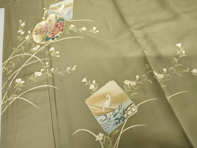 平和屋着物●訪問着　友禅　駒刺繍　色紙飛鶴草花文　金彩　正絹　逸品　未使用　AABI5264cs_4