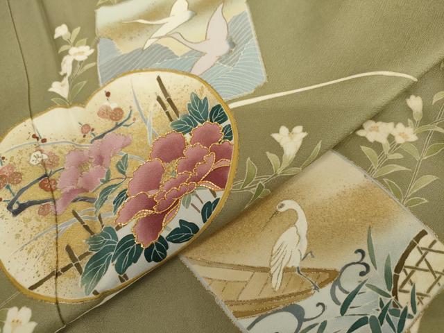 平和屋着物●訪問着　友禅　駒刺繍　色紙飛鶴草花文　金彩　正絹　逸品　未使用　AABI5264cs_5