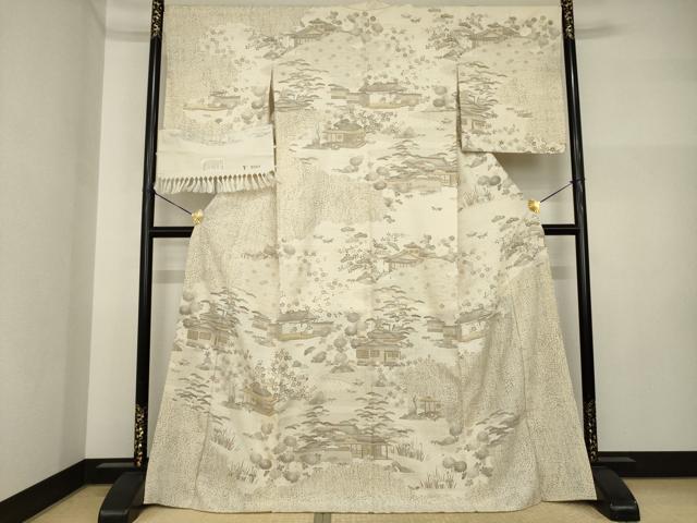 平和屋着物●染織の名門　しょうざん 生紬　訪問着　風景文　一珍染　反端付き　正絹　逸品　AABI5294ck