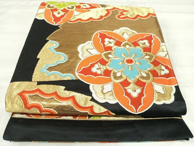 平和屋着物◎六通柄袋帯 唐織 正倉院花文 黒地 金糸 正絹 逸品