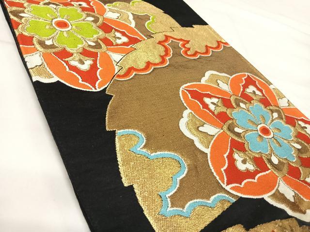 平和屋着物◎六通柄袋帯 唐織 正倉院花文 黒地 金糸 正絹 逸品