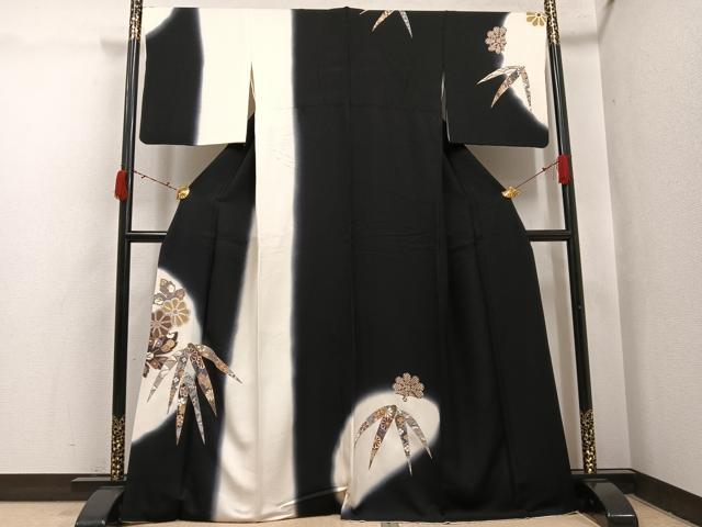 平和屋着物●訪問着　草花文　暈し染め　黒地　金彩　正絹　逸品　AABI6265ph