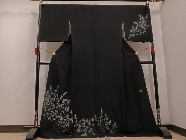 平和屋着物●和紙染染色作家・植村彩弘　訪問着　雀草花文　暈し染め　黒地　金彩　やまと誂製　正絹　逸品　AABI6284ph
