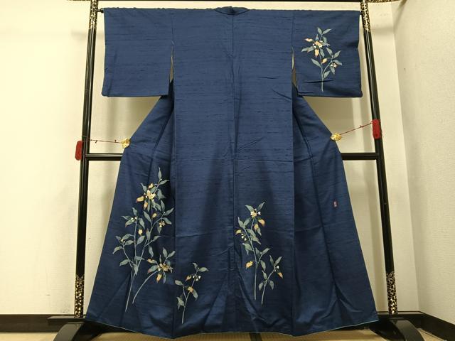 平和屋着物●十日町友禅作家　岡村蒼風　訪問着　友禅　作家物　紬地　枝花文　正絹　逸品　AABI7471ph
