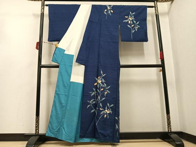 平和屋着物●十日町友禅作家　岡村蒼風　訪問着　友禅　作家物　紬地　枝花文　正絹　逸品　AABI7471ph_1