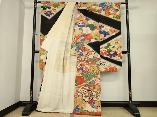 平和屋本店●アンティーク　大正ロマン　振袖　駒刺繍　桐　暈し染め　金彩　正絹　逸品　AABI8856ck_1