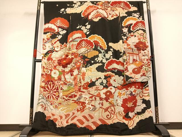 平和屋本店●アンティーク　大正ロマン　振袖　駒刺繍　御所車花文　黒地　金彩　正絹　逸品　AABI8925fy