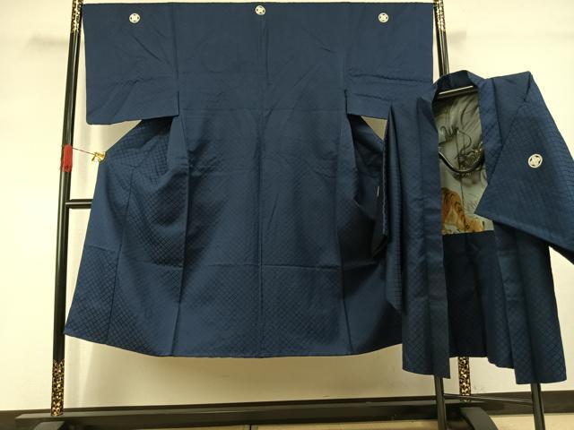 平和屋着物●男性　色紋付　羽織セット　菱地紋　紺色　銀通し地　洗える着物　AABI8964fy 30,420円