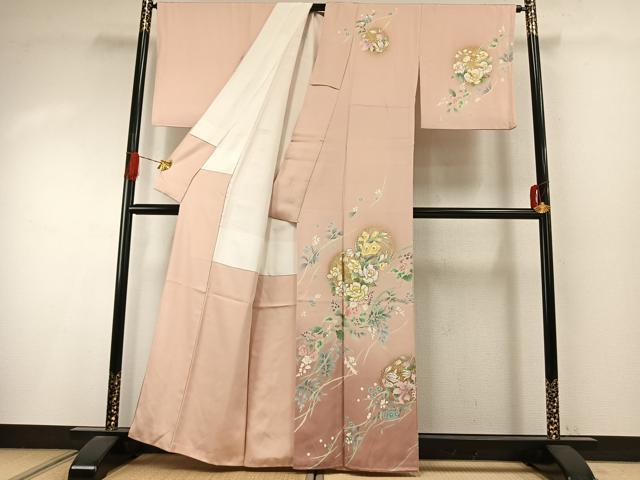 平和屋着物●訪問着　草花文　暈し染め　金彩　丹後ちりめん　反端付き　正絹　逸品　AABI9018fy_1
