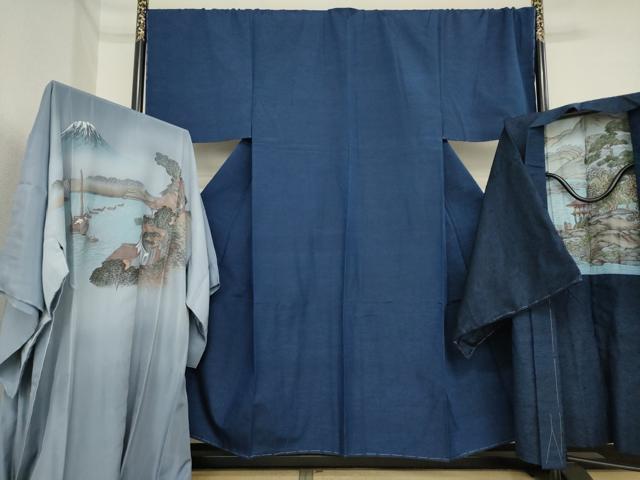 平和屋着物●男性　紬　アンサンブル・長襦袢(袷)セット　色無地　留紺色　正絹　逸品　未使用　AABI9713ck