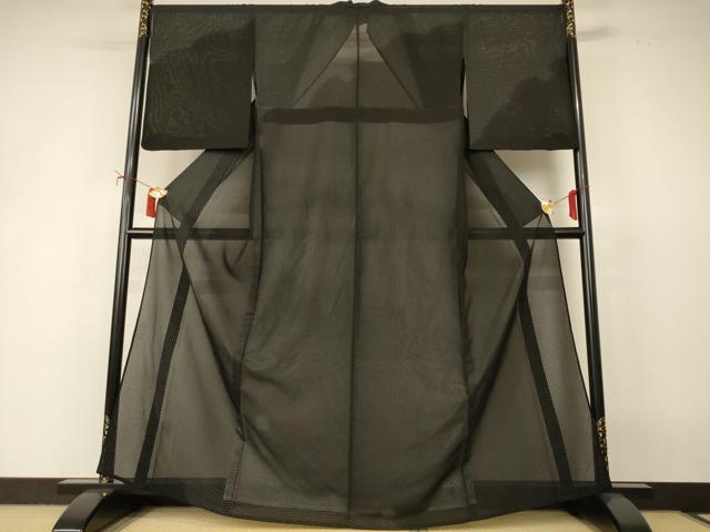 平和屋着物＊夏物　訪問着　お召　紗　雪輪文　黒地　正絹　逸品　AABI9977jd