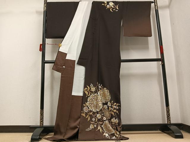 平和屋着物●金彩友禅 卓越技能者・名工・和田光正監修 訪問着 京金彩 華陽 花唐草文 赤墨色地 金銀彩 ロング丈 正絹 逸品 AABJ0101ph_1
