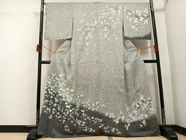 平和屋着物●訪問着　枝花文　たたき染め　黒地　正絹　逸品　AABJ1283ph