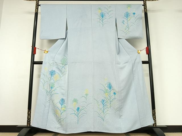 平和屋着物▽訪問着　単衣　刺繍　草葉文　正絹　逸品　AABJ1559jh