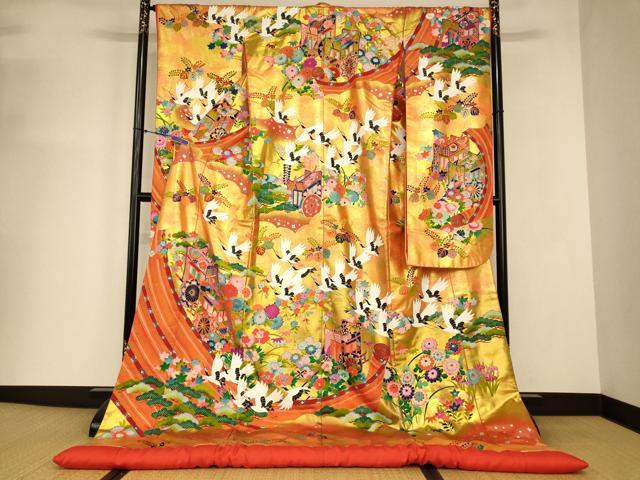 平和屋本店●本手描友禅作家 秋山章 色打掛 婚礼 和装 神社挙式 結婚式 花嫁 御所車絵巻花鳥文 金銀彩 暈し染め 逸品 AABJ2645fw