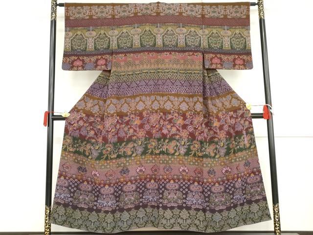 平和屋着物●前田仁仙　仁仙更紗　訪問着　更紗横段文　正絹　逸品　AABJ3685cs