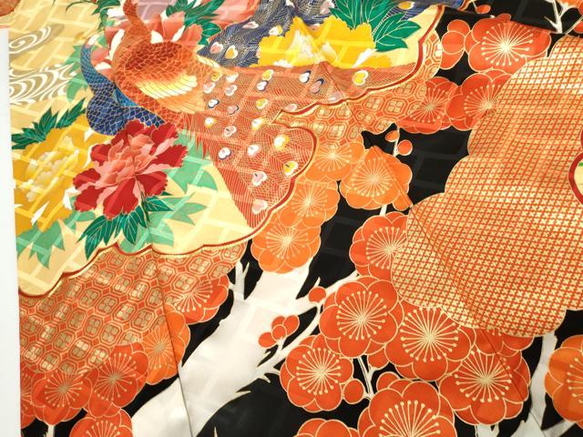平和屋着物●豪華振袖　駒刺繍　孔雀梅松文　黒地　金糸　金彩　正絹　逸品　AABJ3718cs