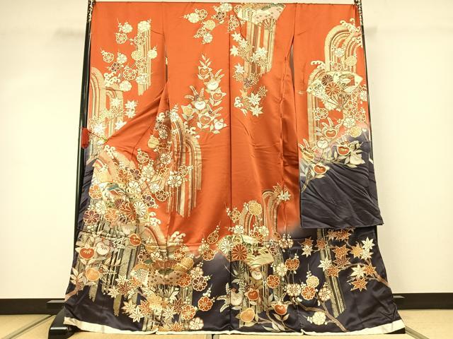 平和屋着物●豪華振袖　扇面花文　暈し染め　金糸　金彩　仮絵羽　逸品　未使用　AABJ4347fy