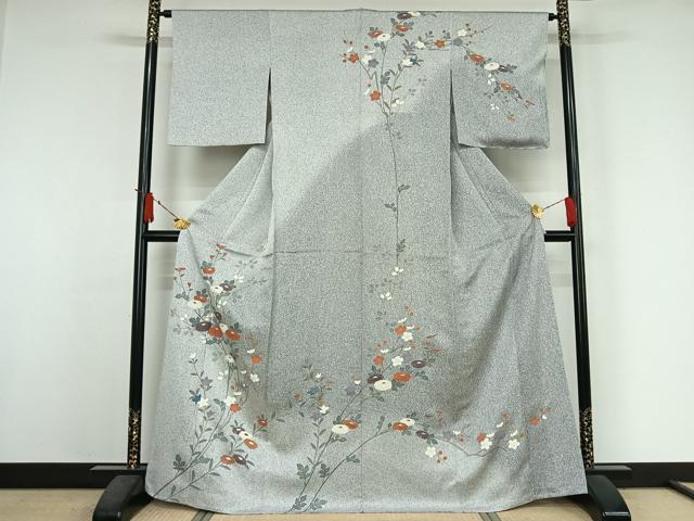 平和屋着物▽訪問着　単衣　草花文　銀彩　大丸扱い　正絹　逸品　AABJ6052jh
