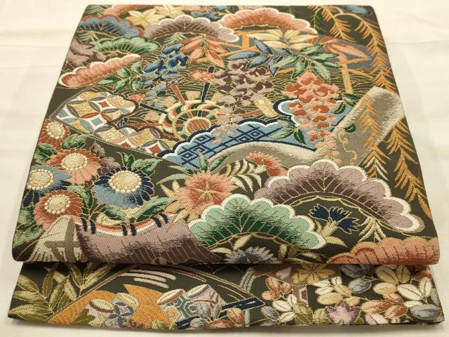 平和屋着物●西陣　白綾苑大庭　六通柄袋帯　唐織　風景文　金糸　正絹　逸品　AABJ7626sx