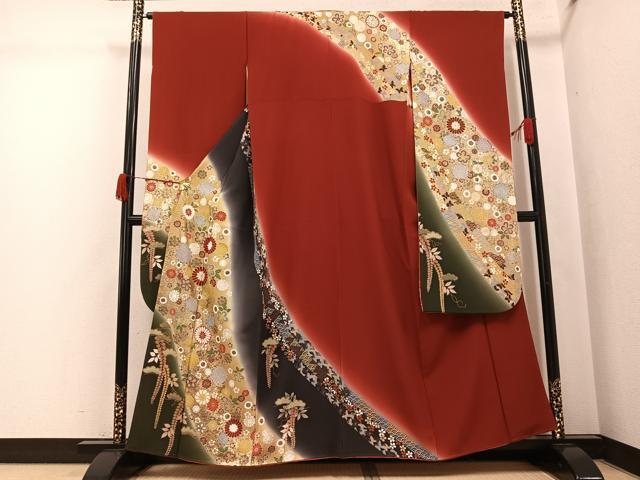 平和屋着物●豪華振袖　花蝶青海波　暈し染め　金彩　正絹　逸品　AABJ8536ph