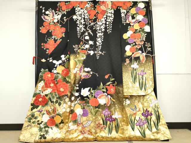 平和屋着物●豪華振袖　駒刺繍　花蝶文　黒地　金彩　ロング丈　正絹　逸品　AABJ8593cs