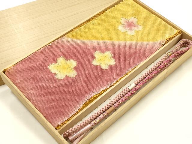 平和屋本店●和装小物　振袖用帯締め・帯揚げセット　装飾　ラインストーン　総絞り　舞花文　金糸　金彩　逸品　未使用　AABJ8991ay