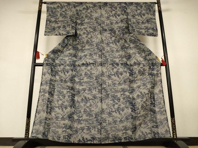平和屋着物＊夏物　小紋　浴衣兼用　綿絹紅梅　本藍　風景文　絹綿　逸品　AABJ9179jd 23,075円