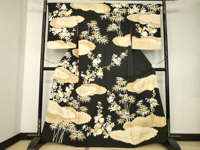 平和屋着物●訪問着　雲重ね花文　黒地　金彩　正絹　逸品　AABK0138ck 35,490円