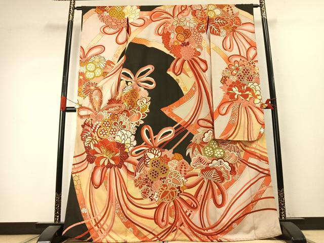 平和屋本店●アンティーク　大正ロマン　振袖　駒刺繍　草花文　金糸　金銀彩　正絹　逸品　AABK1249fy