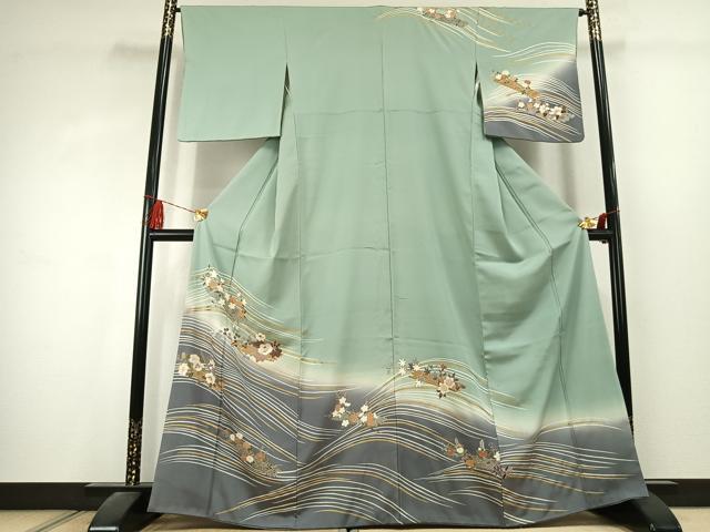 平和屋着物●訪問着　刺繍　草花文　暈し染め　金糸　金彩　正絹　逸品　AABK1586fy