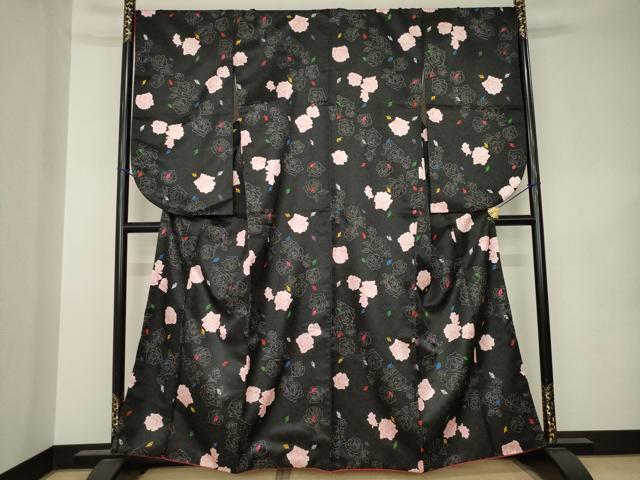 平和屋着物●小振袖　二尺袖　舞花文　薔薇　バラ　黒地　銀通し地　洗える着物　AABK1854ck