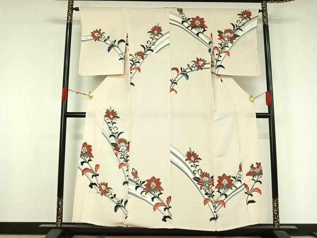 平和屋着物▽訪問着　単衣　更紗花文　金銀彩　正絹　逸品　AABK2089jh