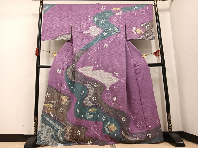 平和屋着物●訪問着　絞り　刺繍　草花文　金彩　正絹　逸品　AABK3221ph 27,040円