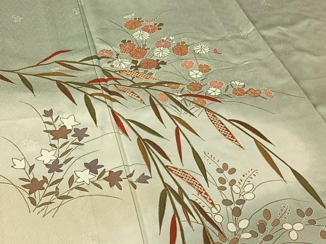 平和屋着物▽訪問着 単衣 駒刺繍 草花文 暈し染め 金彩