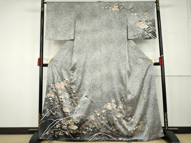平和屋着物●訪問着　地紙枝花文　たたき染め　金彩　正絹　逸品　AABK4615cs