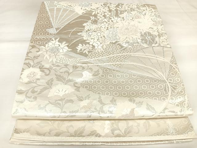 平和屋着物◎六通柄袋帯 唐織 扇面花文 美保姿 銀糸 正絹 逸品
