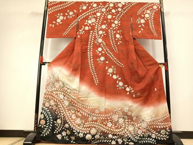 平和屋着物●越後十日町の一流染匠　桐屋・翠山工房　訪問着　絞り　辻が花　暈し染め　金通し地　正絹　逸品　AABK7809fy