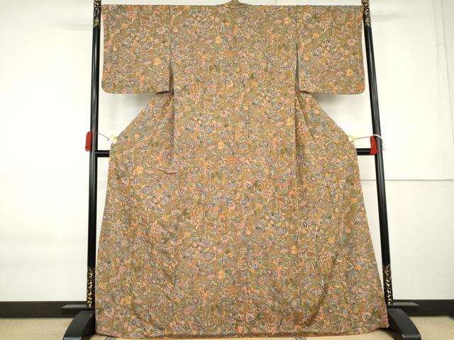 平和屋着物○上質な小紋 更紗花文 鬼しぼ縮緬 ロング丈 正絹 逸品 未