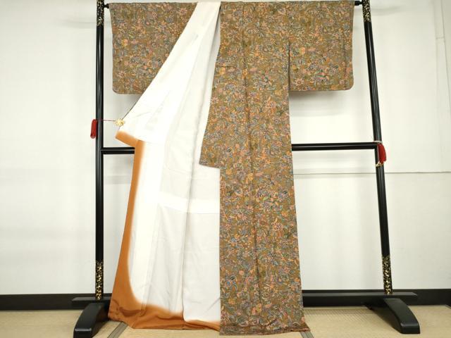 平和屋着物○上質な小紋 更紗花文 鬼しぼ縮緬 ロング丈 正絹 逸品 未