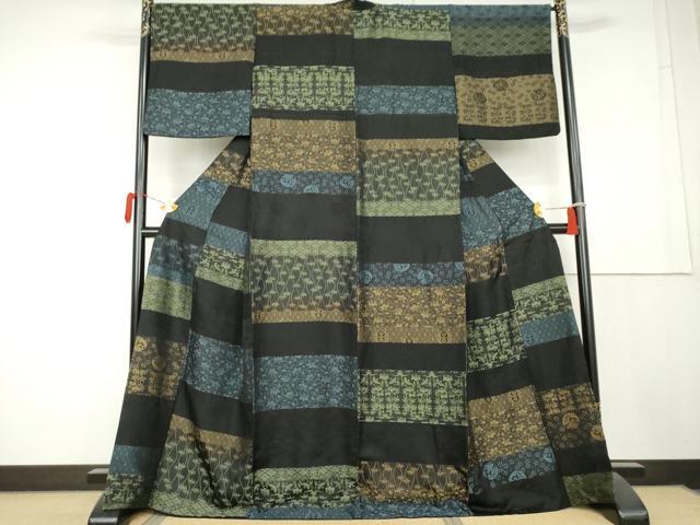 平和屋着物●上質な紬　吉祥横段文　黒地　正絹　逸品　AABL1152cs 22,464円
