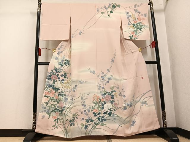 平和屋着物●訪問着　友禅　作家物　草花文　暈し染め　正絹　逸品　未使用　AABL1347ph
