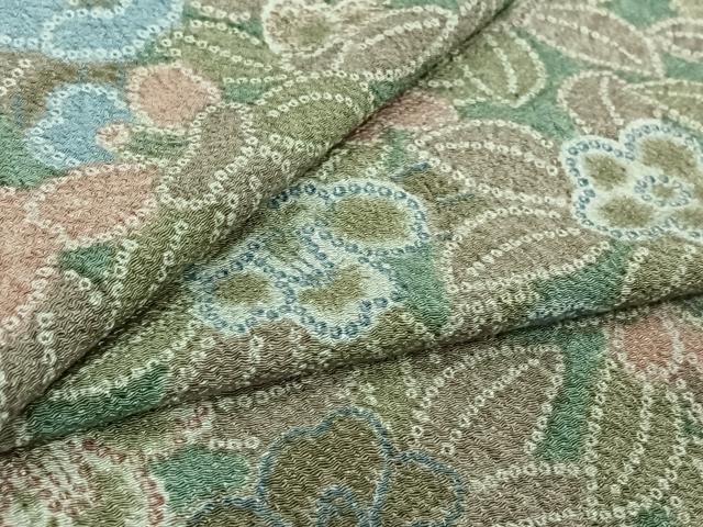 平和屋着物▽小紋　単衣　草花文　鬼しぼ縮緬　洗える着物　AABL3740jh